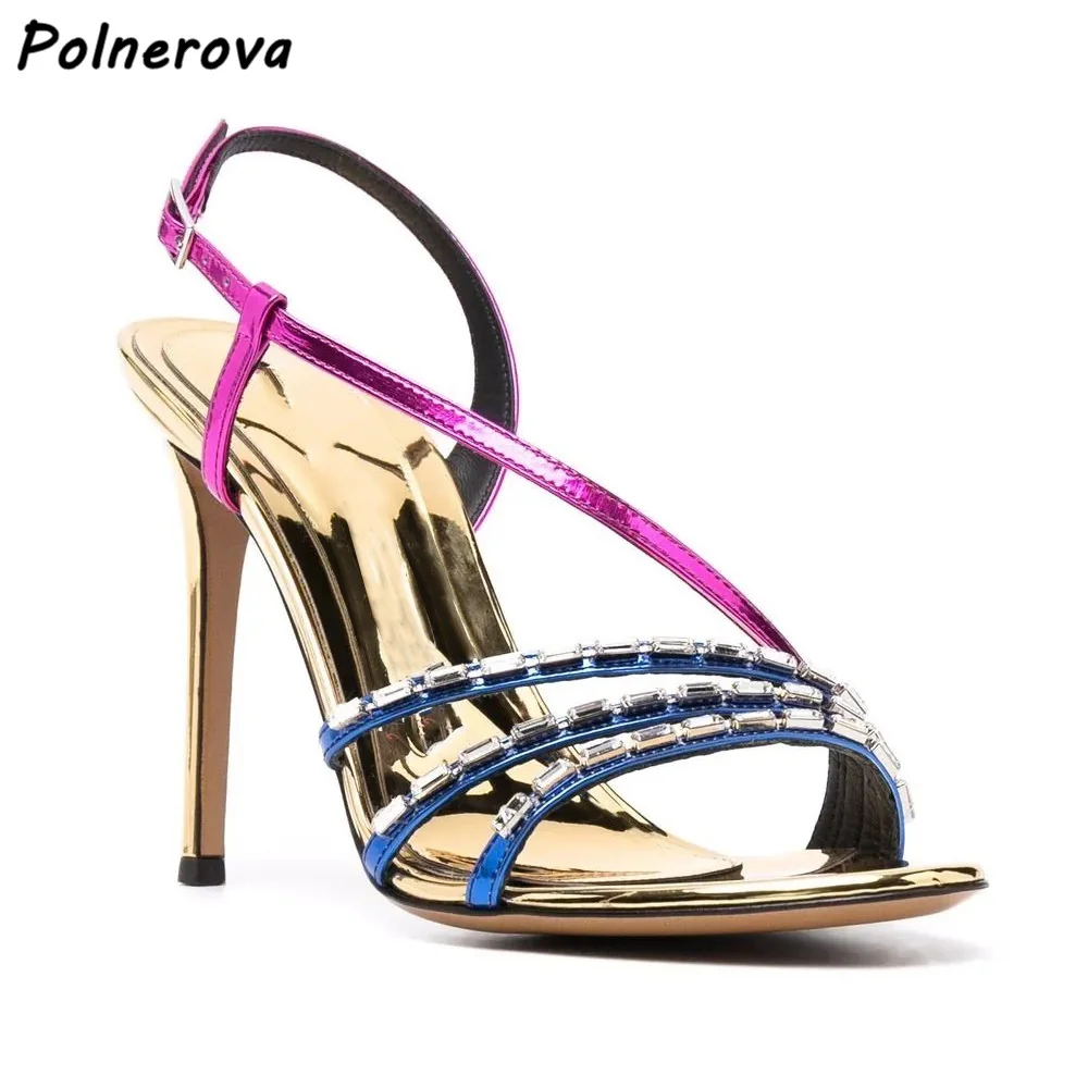 

Mixed Color Rhinestone Sandals Blue Rose Gold Straight Strap Buckle Round Toe Leather Shoes Luxury Elegant Party Bling Shoes