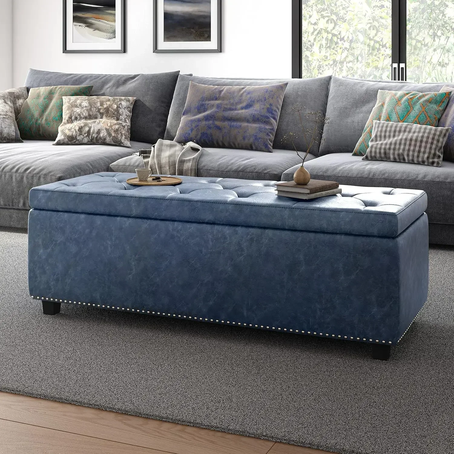 SIMPLIHOME-Wide Rectangle Lift Top Storage Ottoman, Upholstered Denim, Blue Tufted Faux Leather, Large, 48