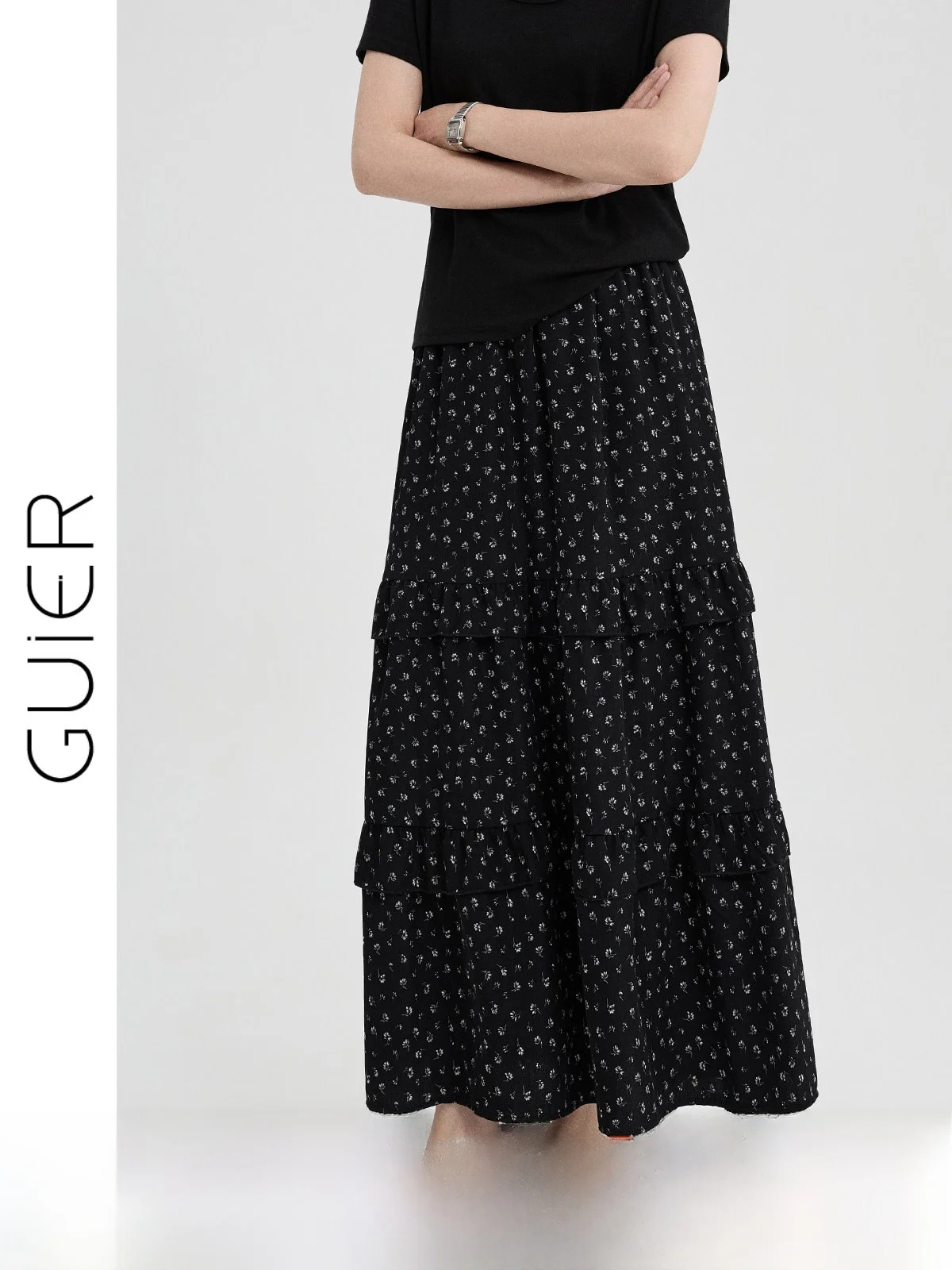 

Black Floral A-Line Skirt Women's Summer 2026 New Korean Style Retro Splicing Slimming Skirt High Waist Loose Fit Elasti...