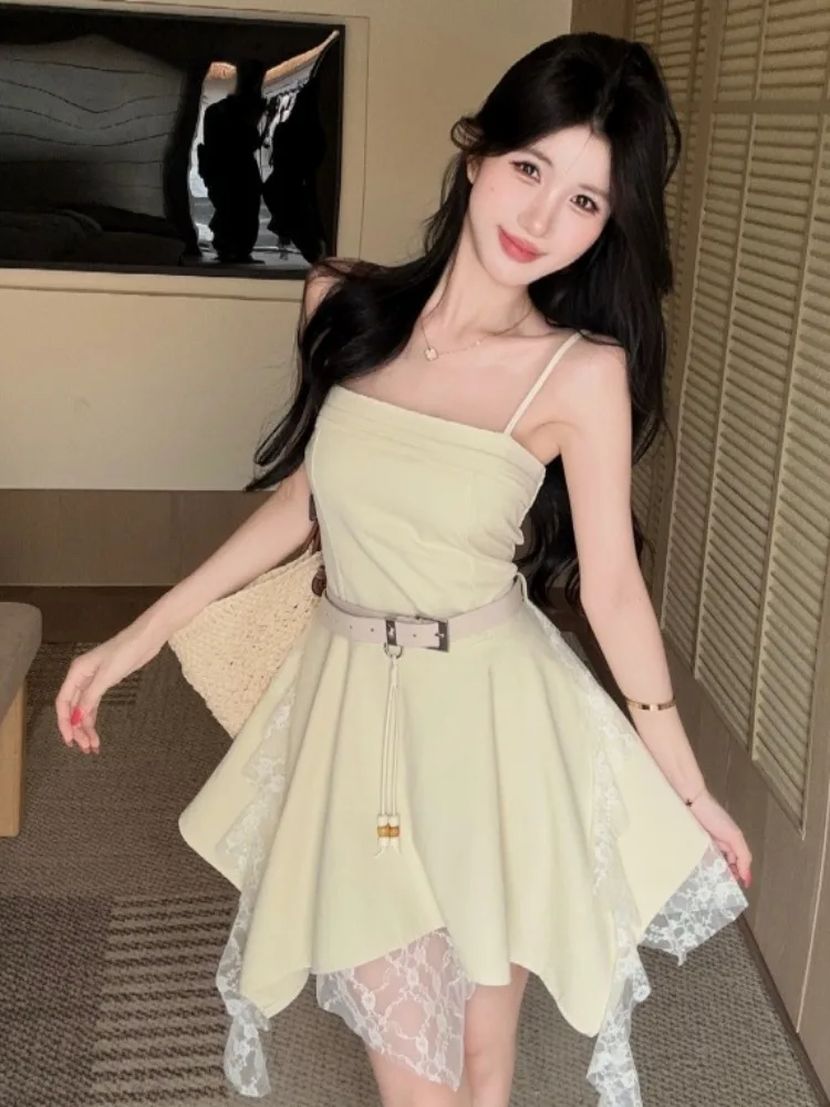 

Sweet Style Irregular Lace Sash One Shoulder Short Dress Women Summer Casual High Waist Backless Polyester Fiber Short Skirt