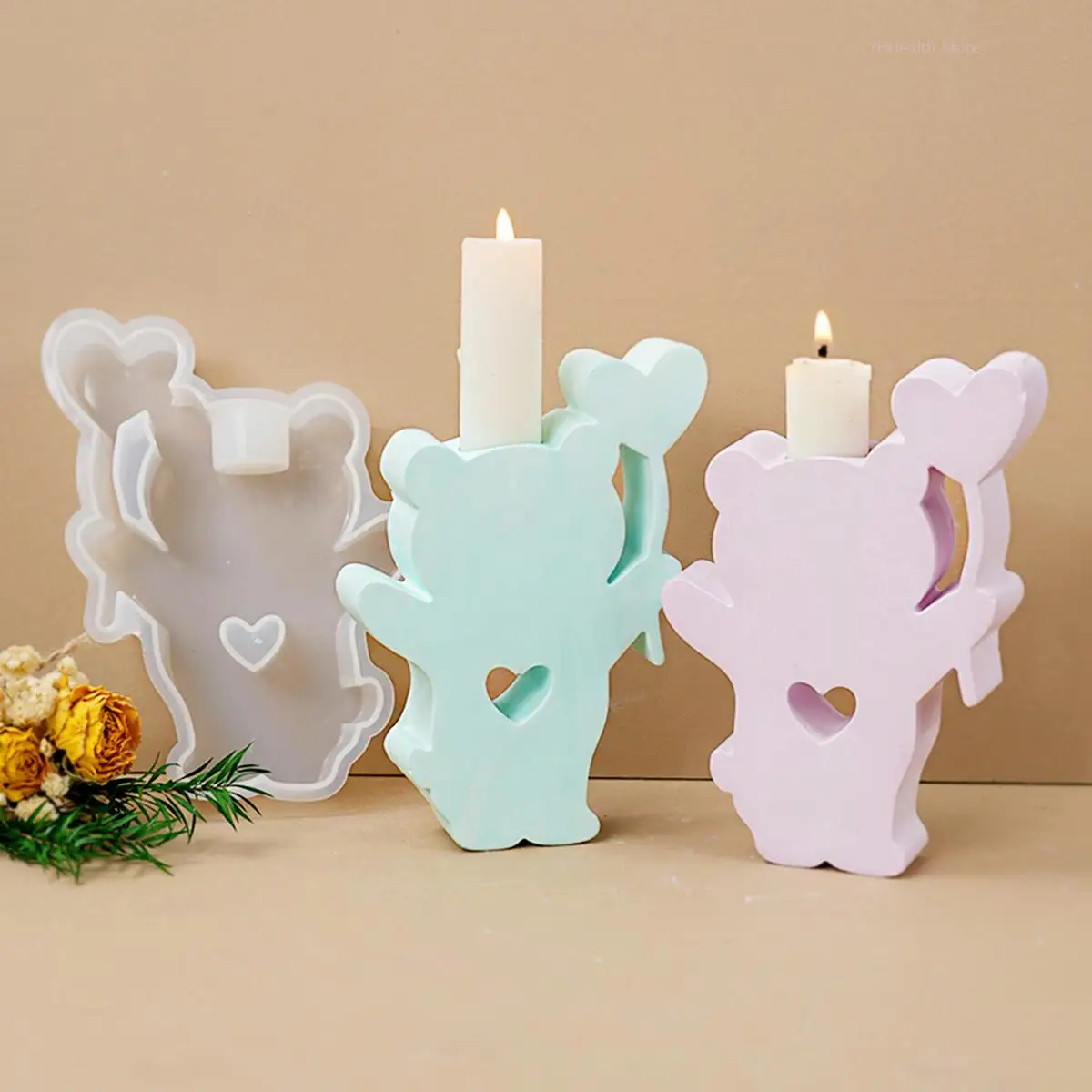 Silicone Urso Candlestick Mold, DIY Balão, Love Bear Candle Holder, Molde de Resina, Gesso Perfumado, Drop Glue, Crafts Decor, Bonito