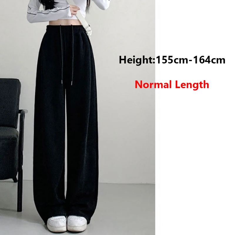 Novo outono feminino casual cintura alta calças compridas senhora estilo coreano sólido algodão elástico perna larga reta streetwear