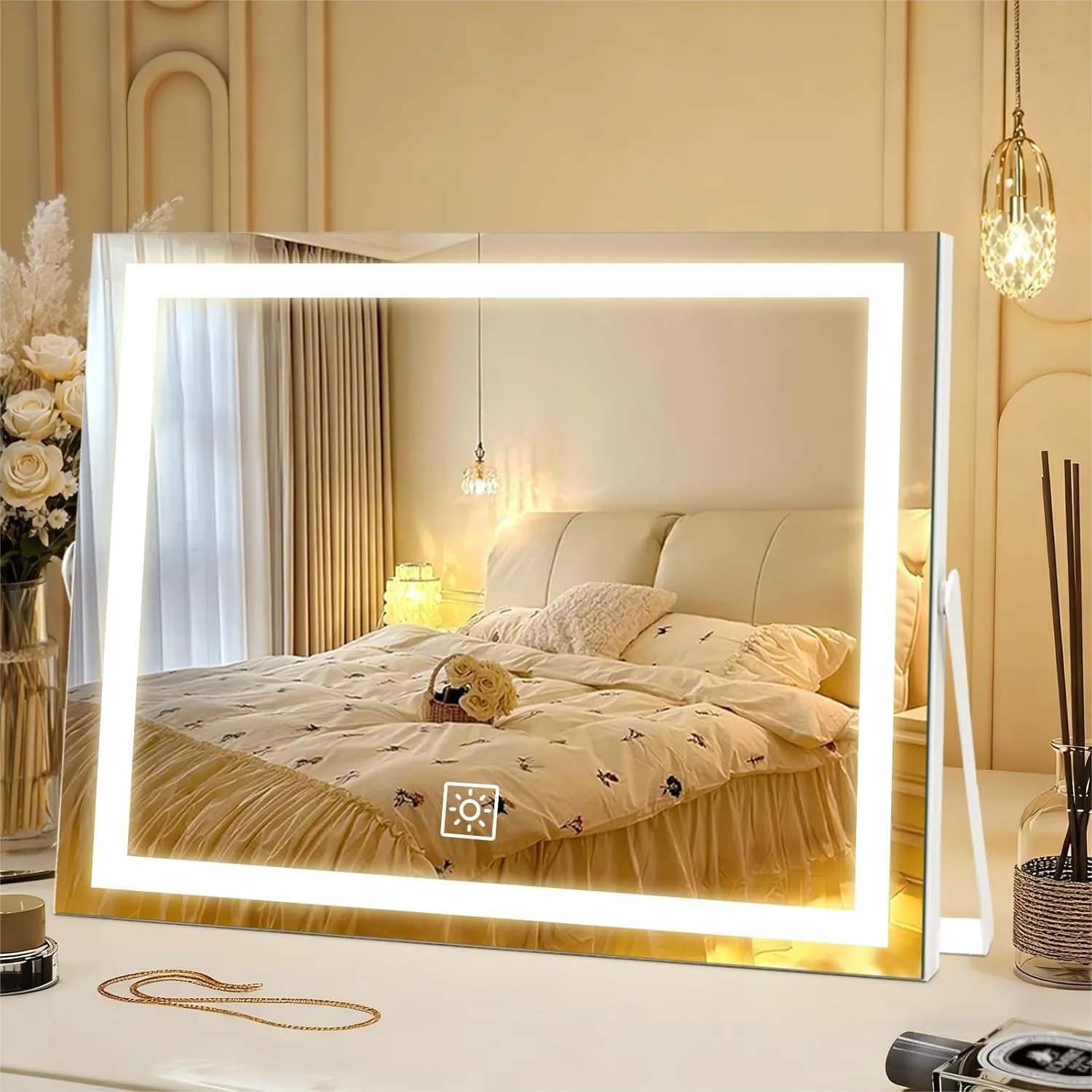 

Светодиодное зеркало для макияжа с подсветкой, 14 дюймов, большая металлическая рама, 3 цвета, регулировка яркости, сенсорное управление и поворот на 360° ° Поворотный механизм для гардеробной в спальне