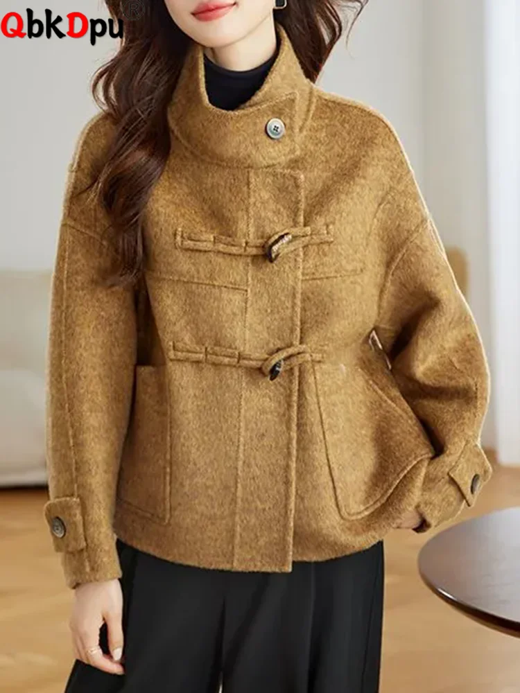 

Korean Fashion New Coats Tops Women Elegant Woolen Single Breasted Thick Outerwears Fall Winter Long Sleeve Chic Jackets Blusas