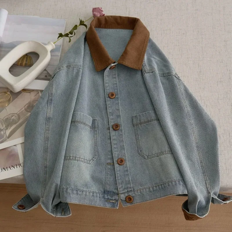 Autumn and Winter Women's Contrasting Color Lapel Denim Long-sleeved Short Coat Spliced   fashionable Casual Top