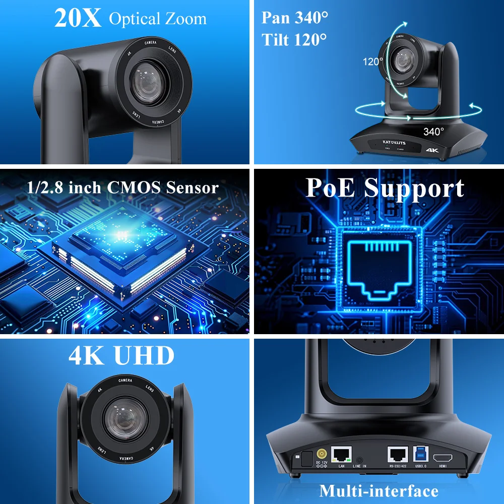 KATOVJJTS USB3.0 HDMI LAN PTZ Camera 4K 20X Zoom Video Conference Camera Support POE For Church Live Streaming Meeting Camera