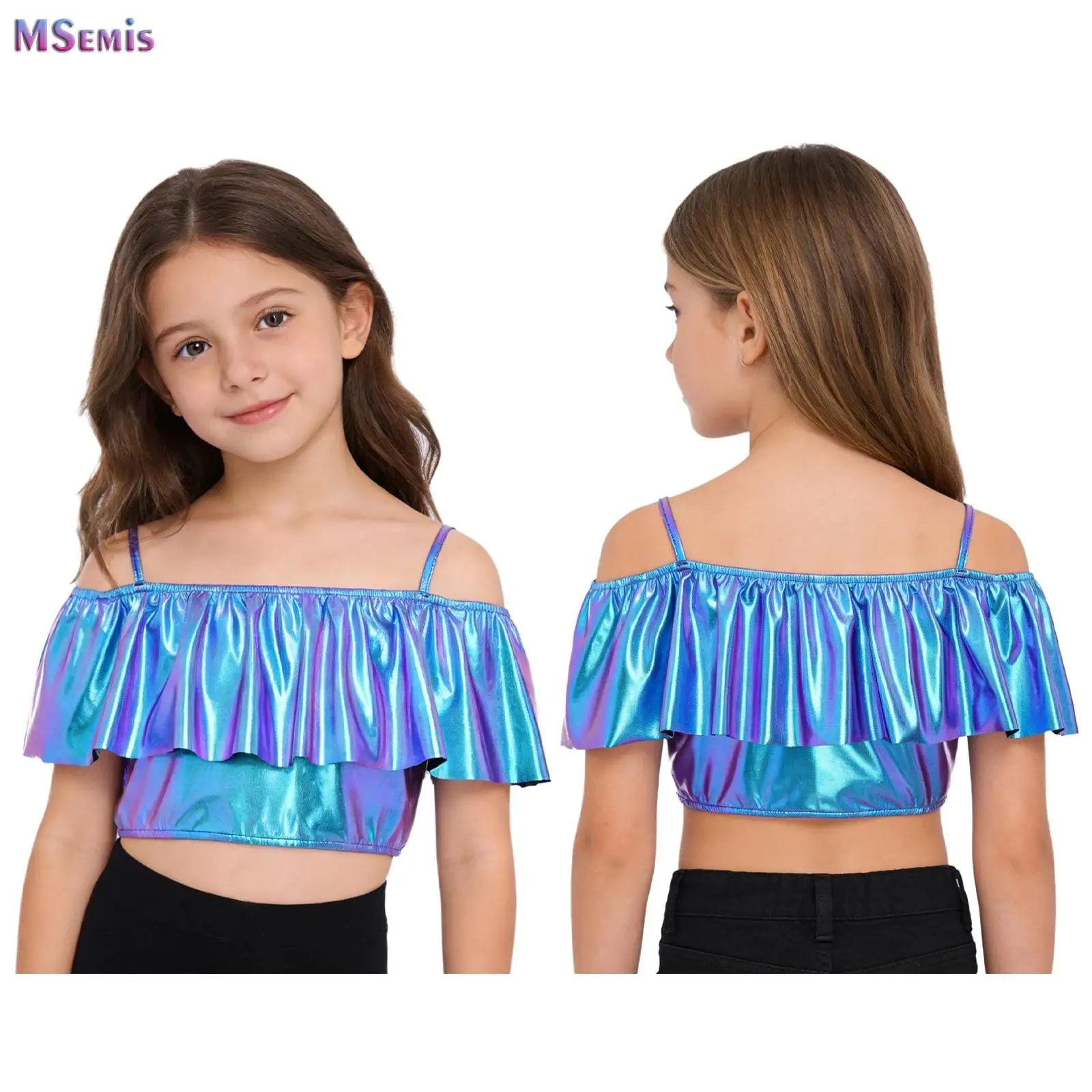 

Kids Girls Off Shoulder Metallic Jazz Ballet Dance Tops Spaghetti Straps Ruffles Crop Top for Stage Performance Theme Party