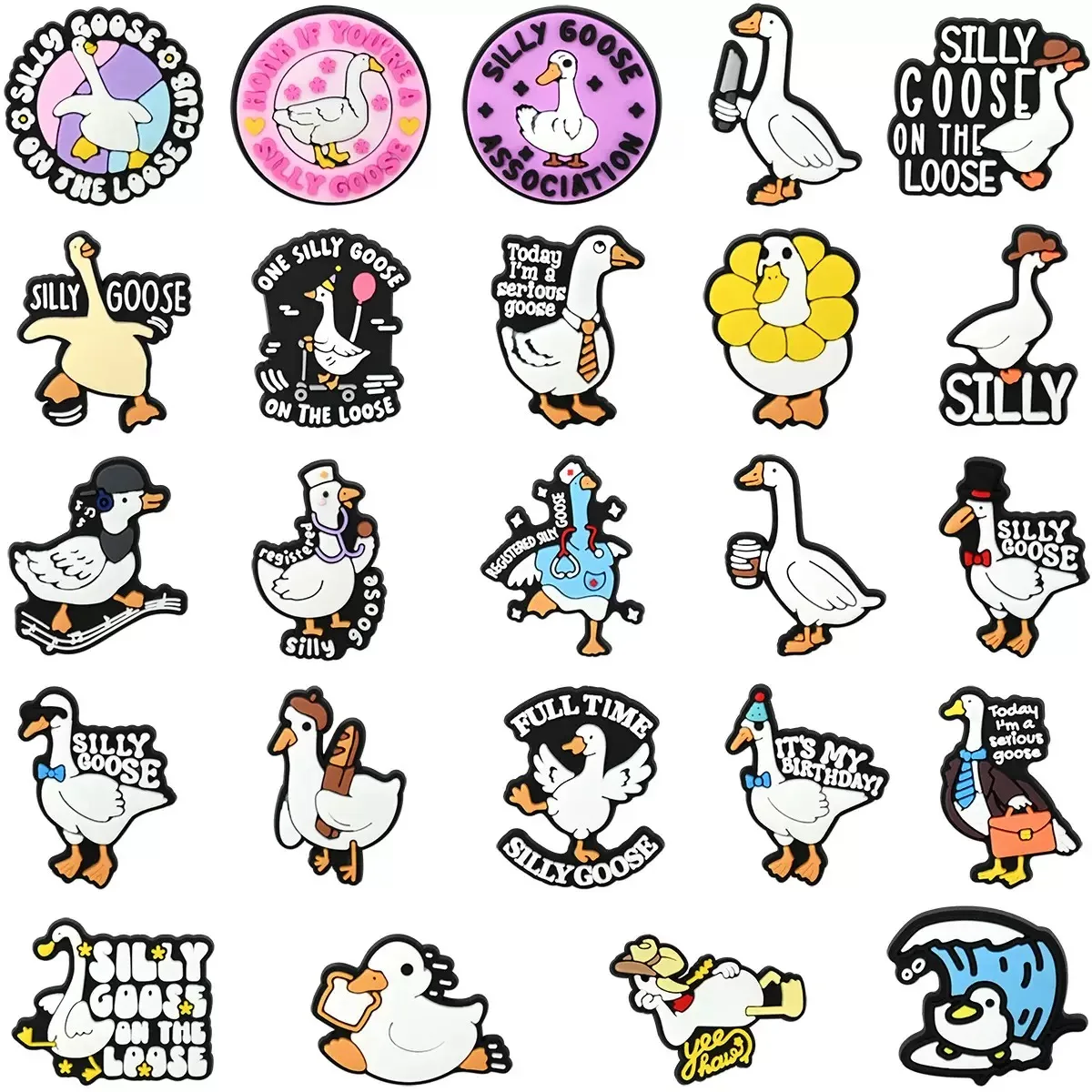 1-24Pcs Goose Association Shoe Buckle Charms Birthday Goose Adorable PVC Slipper Decorations DIY Man Woman Phone Case