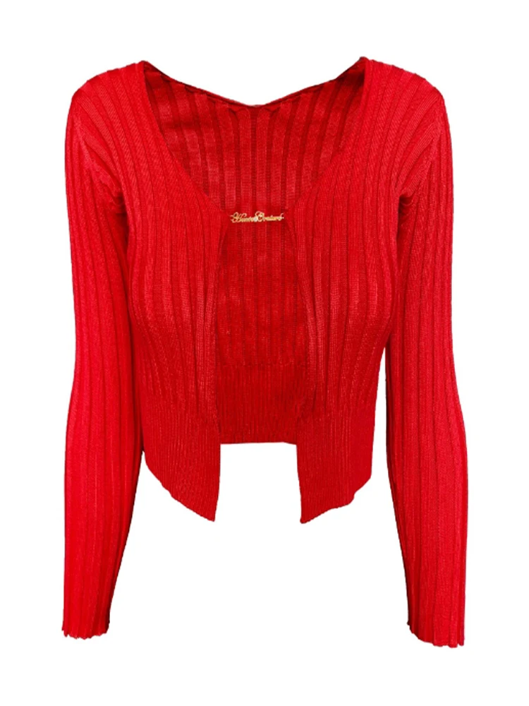 Jesienny Seksowny Sweter Rozpinany Dzianinowy Damski Y2k Złoty Metalowy Guzik Głęboki Dekolt V Długi Rękaw Krótki Top