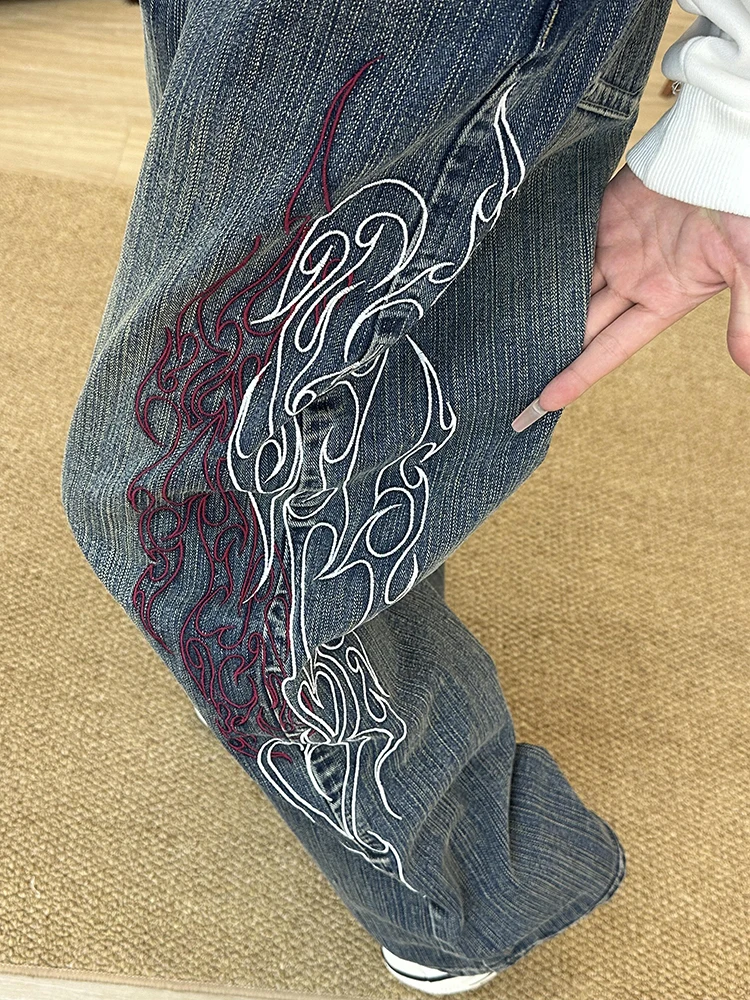 

American High Street Vibe Loose Straight Leg Jeans Embroidered Bamboo Fiber Washed Vintage Design Men's Fashion Autumn Wear