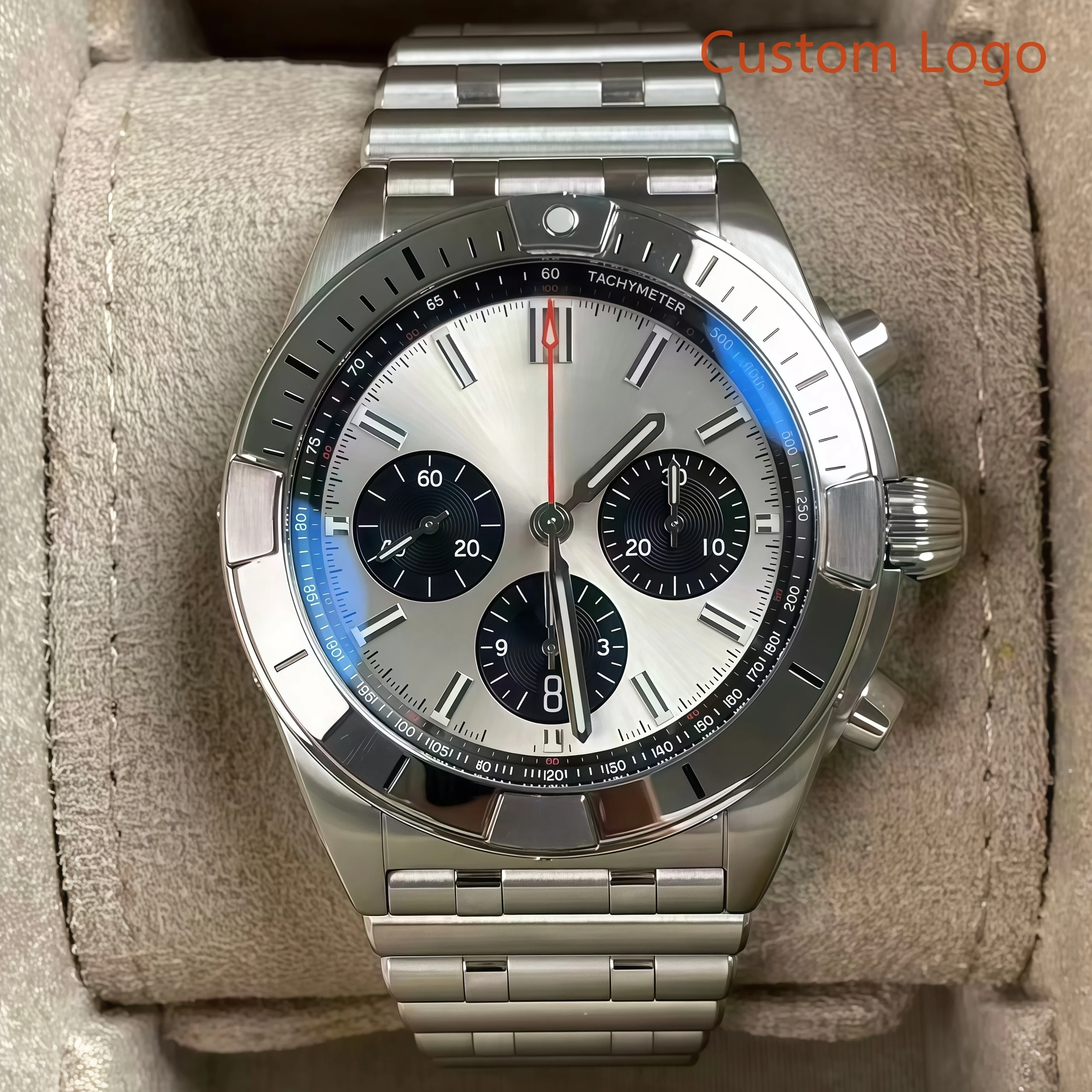 Men 46mm Panda Dial Chronograph Quartz Watch  Stainless Steel Bracelet Waterproof  Sports Business Male Customized Watches