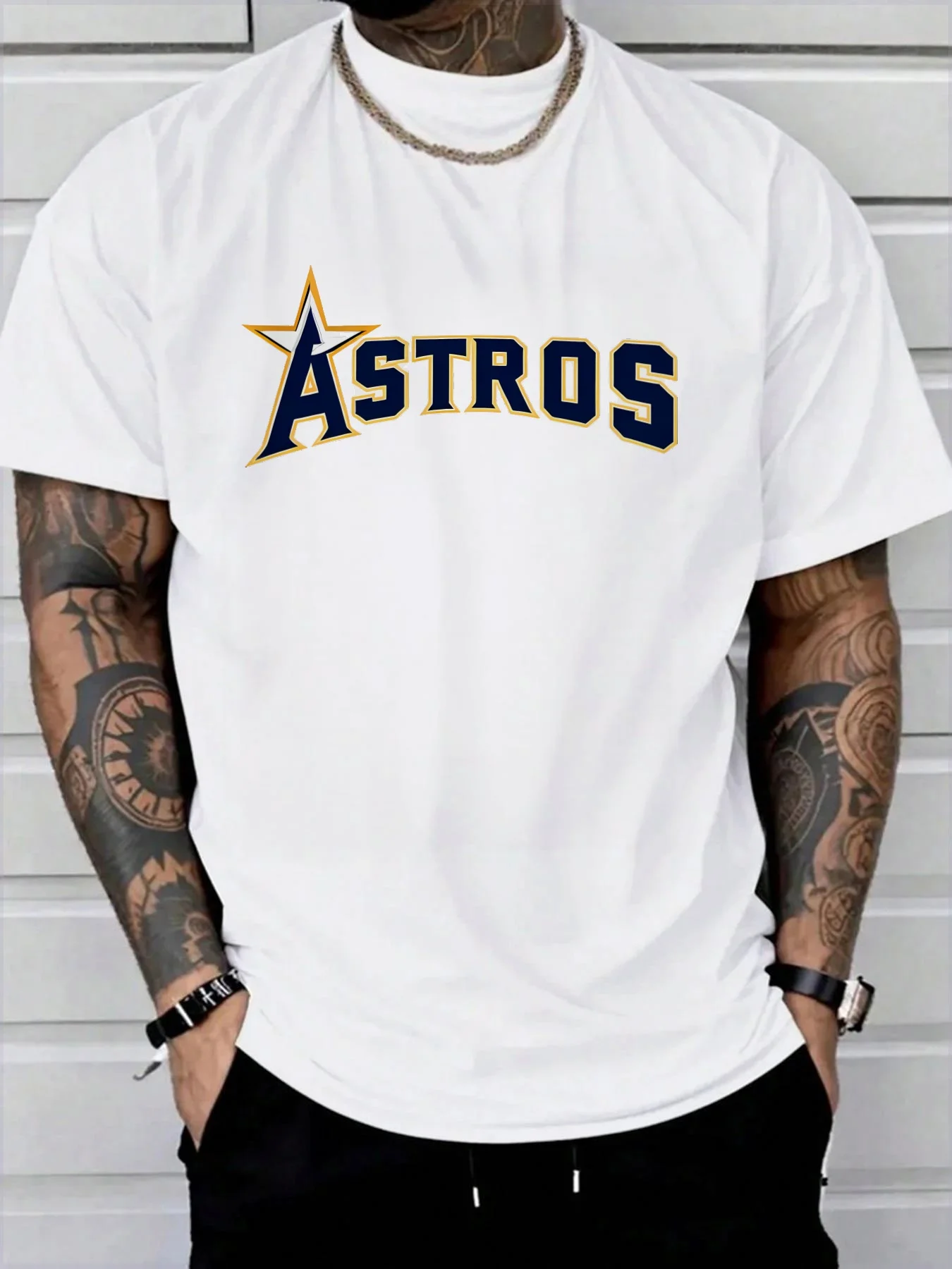 

Teevo Summer T-Shirts 2025 Casual Short Sleeve Round Neck Star Astros Print Daily Loose T-Shirts For Men