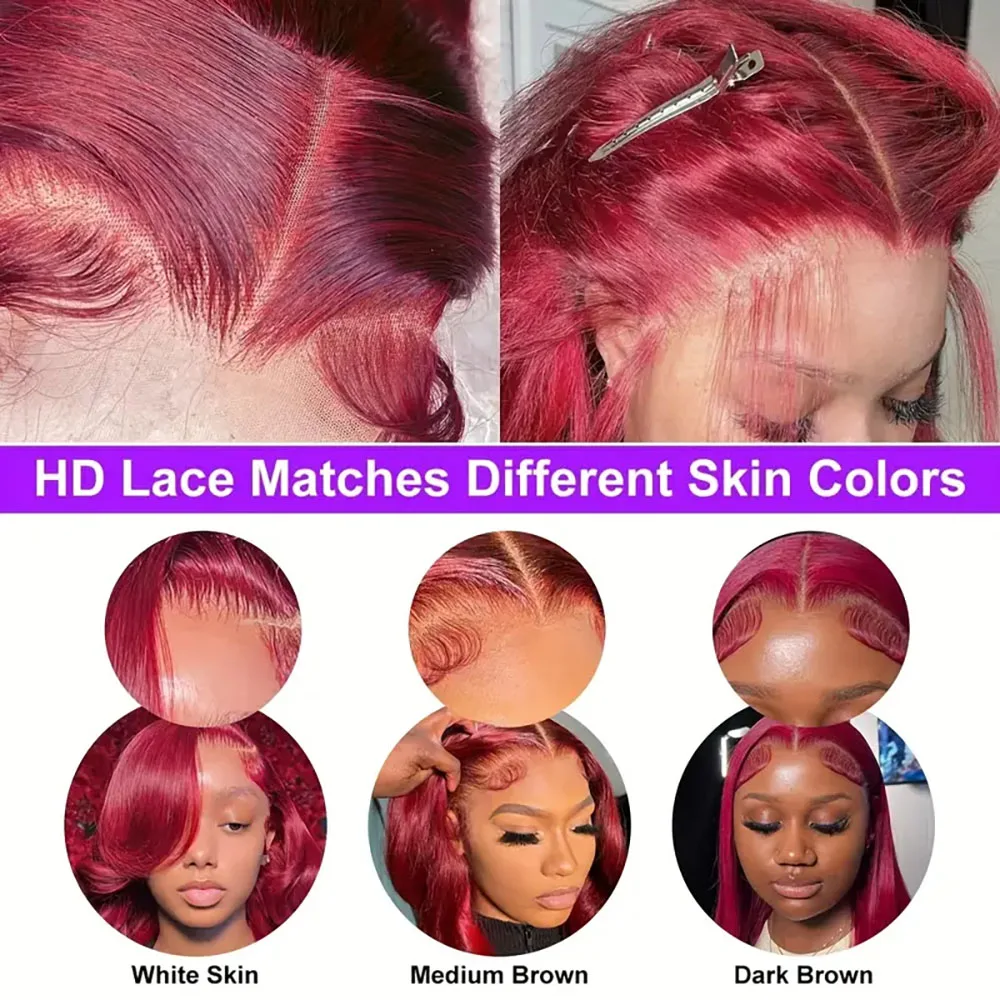 بورجوندي الدانتيل الجبهة الباروكات شعر الإنسان النبيذ الأحمر 13x4 شفافة 220% الكثافة قبل قطعها 99J مستقيم الدانتيل الباروكة الأمامية للنساء