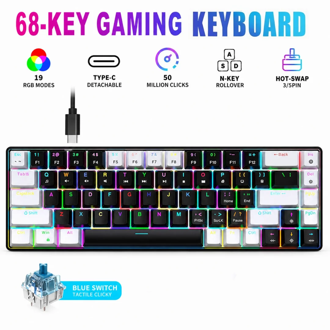 HXSJ 65% Mini Wired Gaming Mechanical Keyboard Phantom RGB, 68Keys, Ice Blue Switch, Ergonomic, Portable for PC/Laptop