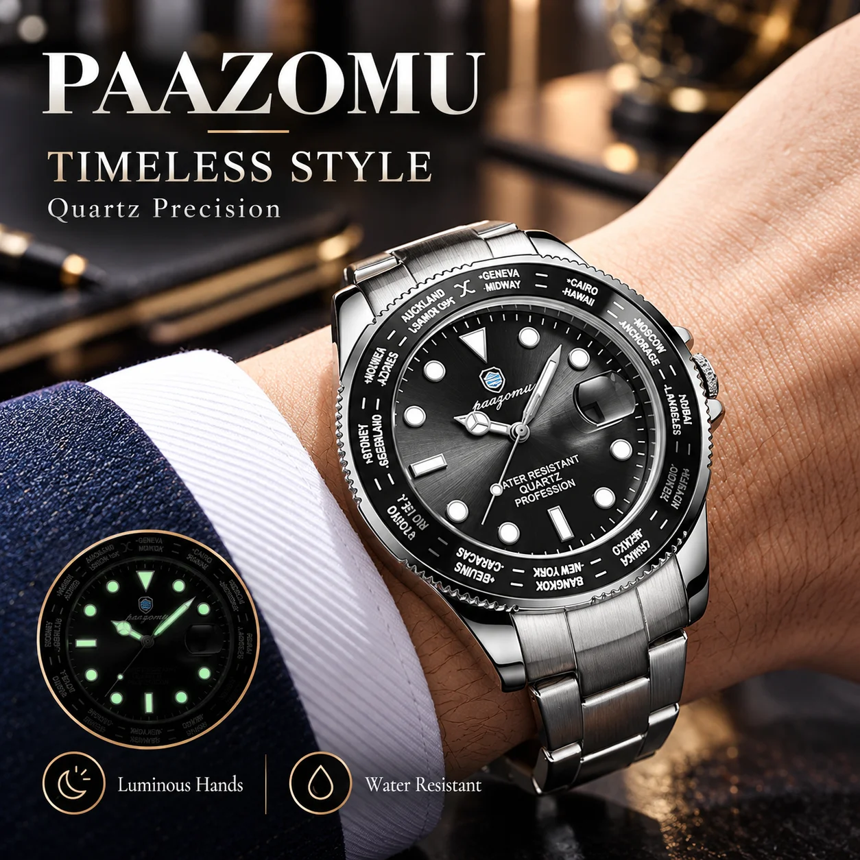 PAAZOMU Luxury Fashion Quartz Watch Luminous Waterproof Wristwatch Sleek Timepiece for Business Casual Wear Stylish Men Watches