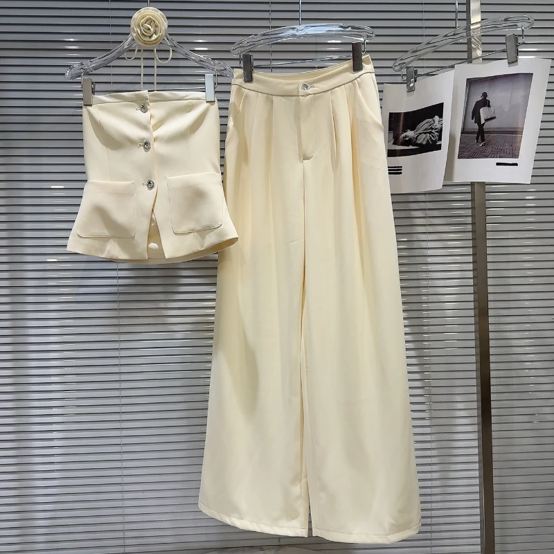 여름 신상품 민소매 Strapless 입체 꽃 붕대 탱크 탑 + 와이드 레그 팬츠 절묘한 하이 엔드 세트