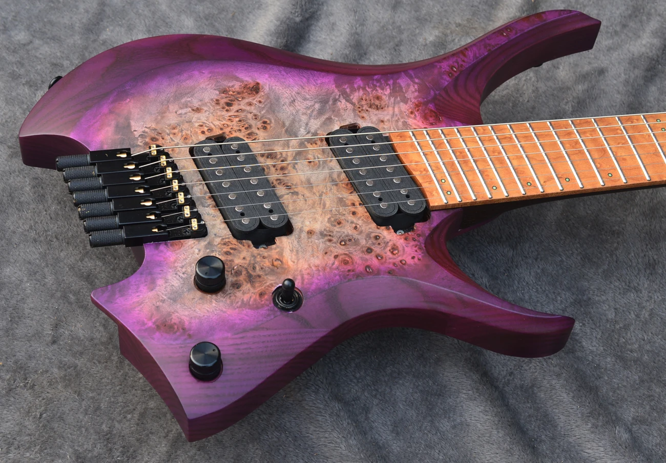 2022 new Fanned frets 7 Strings Headless Electric Guitar Purple burst color Roasted Wenge Neck Ergonomic asymmetric neck