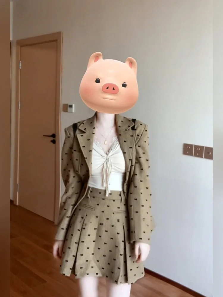 

SYJ ujia Retro Suit Jaet And A-Line Skirt Set for plus Size Women Korean Sle High Waist Faion Autumn Wear