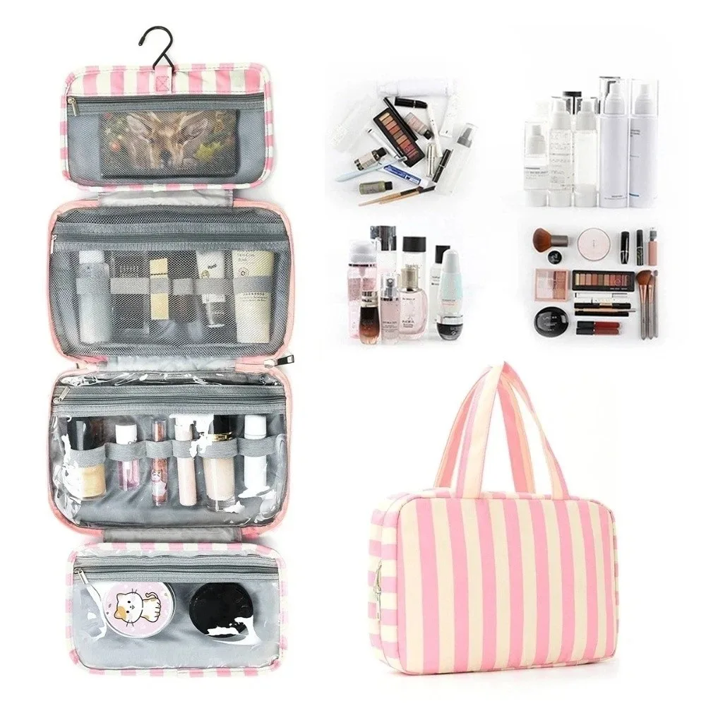 Portable Hanging Travel Toiletry Bag Striped with Hook Cosmetic Organizer 4-Fold Large Capacity Makeup Bag Travel