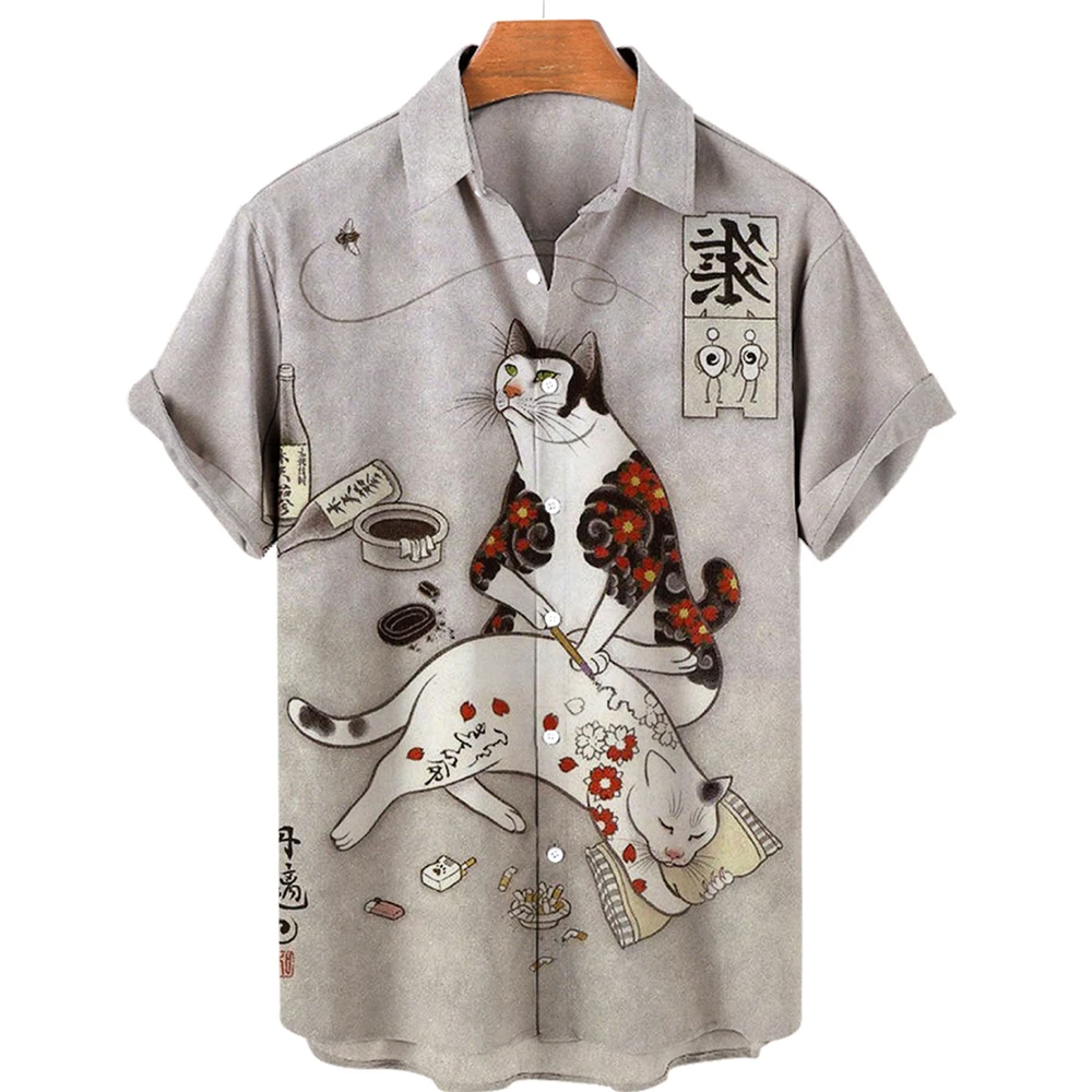 2023 Summer Mens‘s Cute Cat 3d Printing Shirts Japanese Style Bushido Style Unisex Shirt lapel short sleeves Top Street Clothes