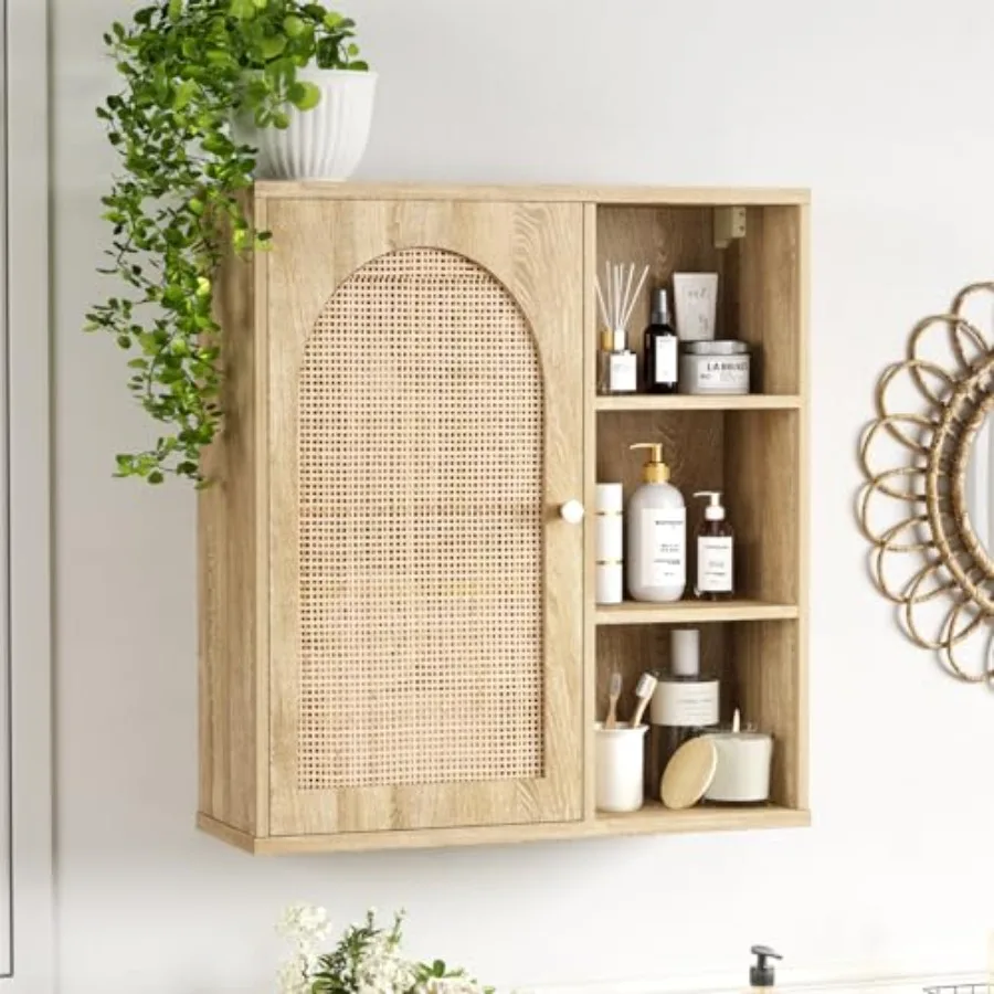 

Rattan Bathroom Wall Cabinet with Door Boho Medicine Wall Cabinets with Adjustable Shelves Tall Kitchen Wall Mounted Storage Ca