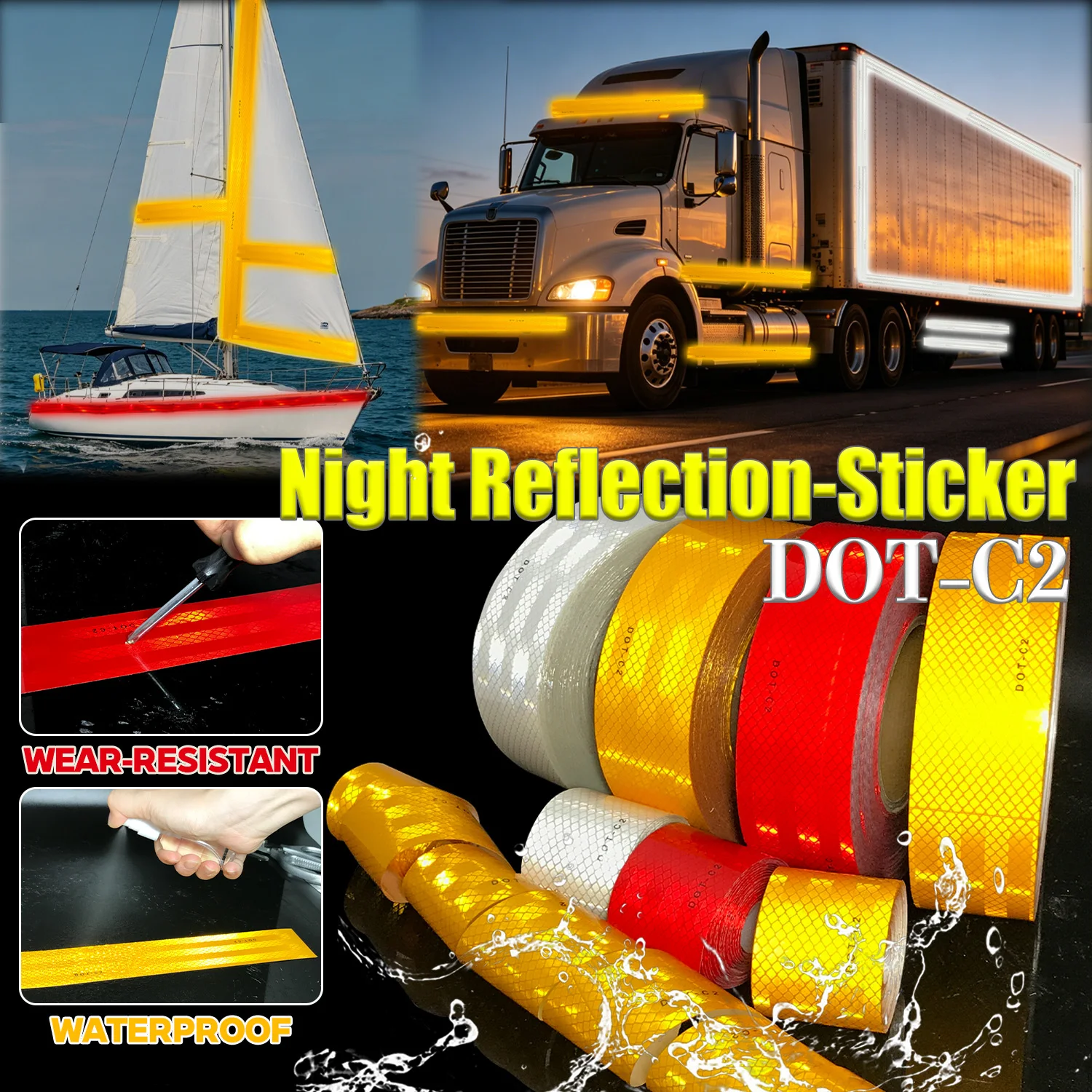 

DOT-C2 Car Yellow Reflective Tape Sticker Safety Mark Car Shape Self-adhesive Warning Yellow Waterproof Film Motorcycle Bicycle