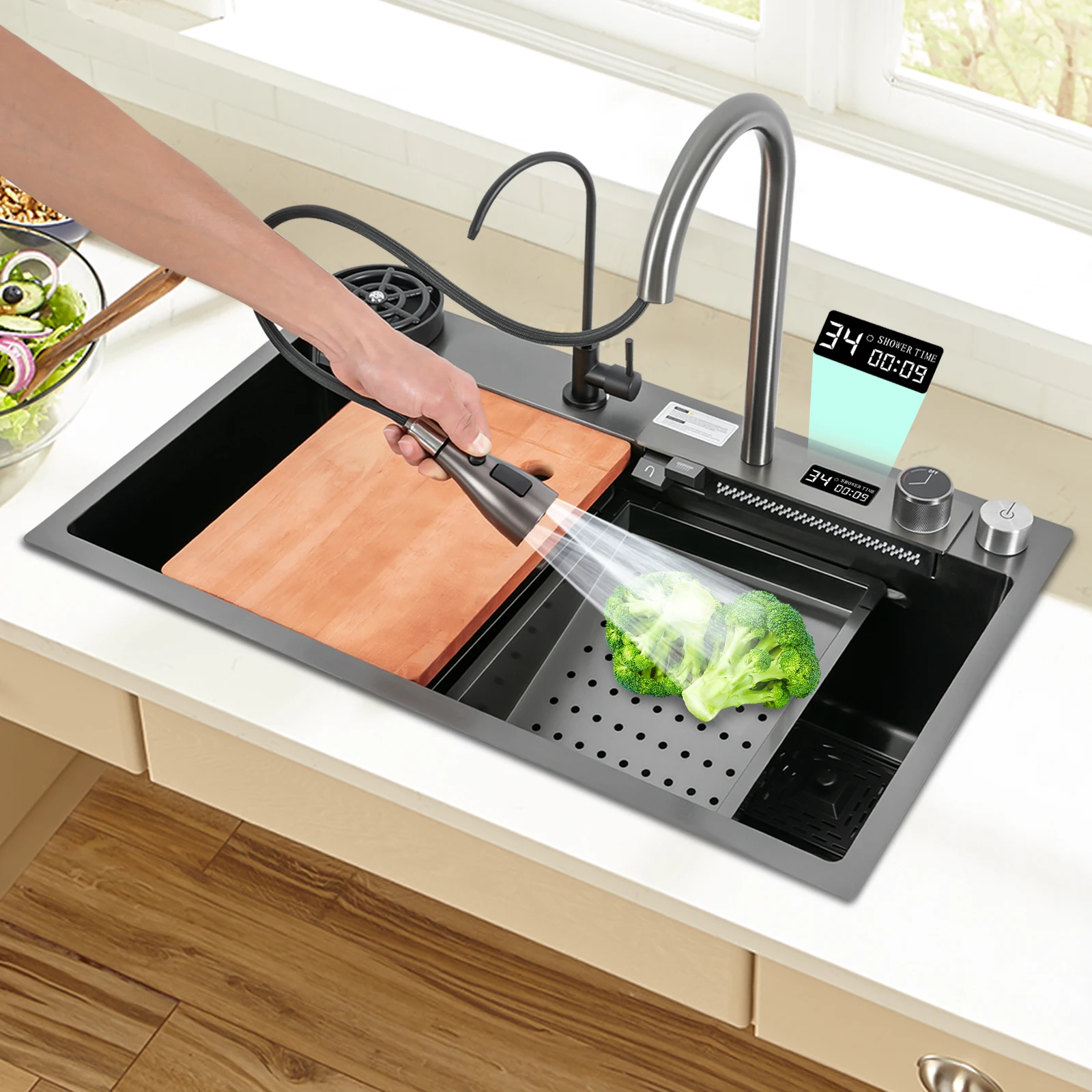 

29,5*18,1*7,9 дюйма, многофункциональная раковина-водопад, большой одинарный слот, кухонные аксессуары, смеситель для гурманов, нержавеющая сталь