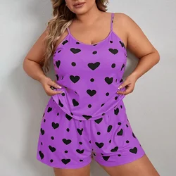 Plus Size Heart Print Women Pajama Set Sleeveless O Neck Crop Top & Elastic Waist Shorts 2 Pieces Female Sleepwear Nightwear