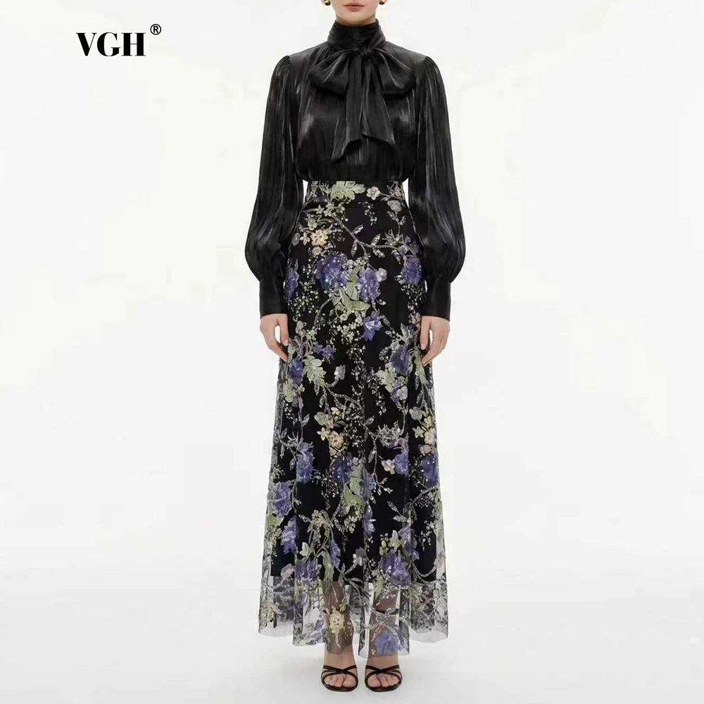 VGH Elegant Chic Black Floral Two Piece Set for Women Scarf Collar Long Sleeve Blouse High Waist Maxi Skirt Suit for Casual Wear