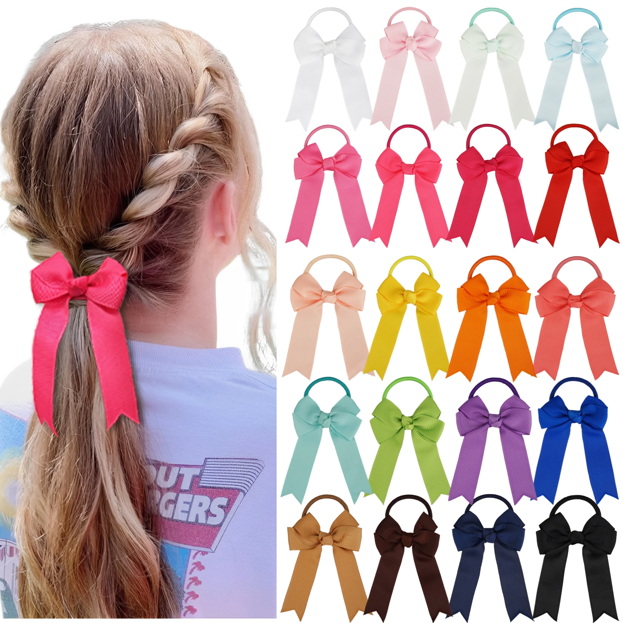 20Pcs 3.5 Inch Cheer Bows For Girls Ponytail Holder Cheerleading Bows Elastic Hair Ties Bands For Baby Girls Kids Childre