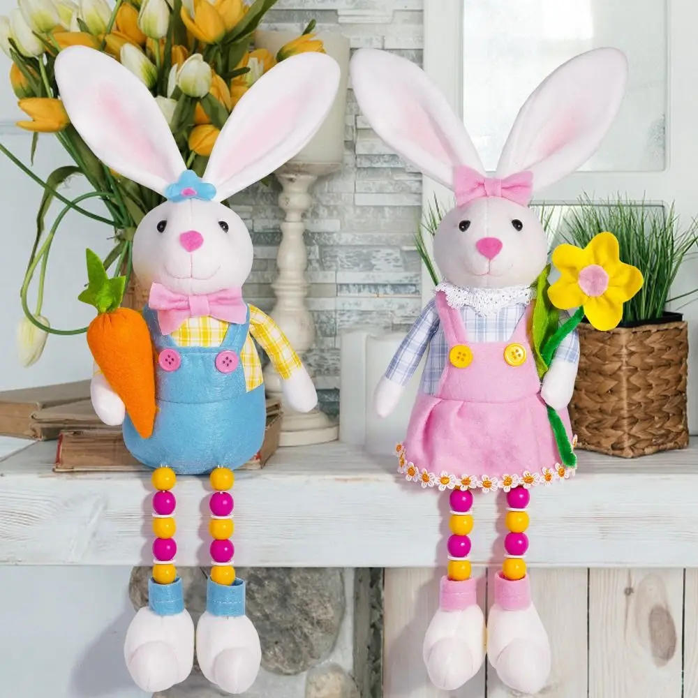 Plush Easter Bunny Sitting Doll Handmade Exquisite Rabbit Holding Radish Doll Cute Happy Easter Decoration Party Favors