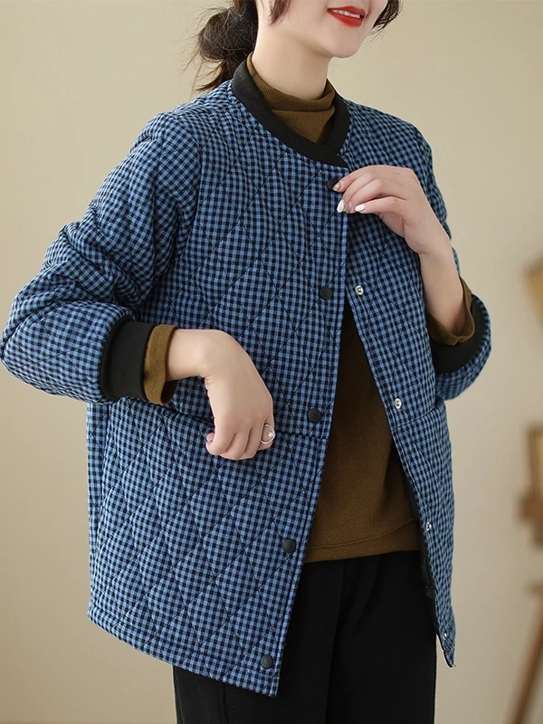 الرجعية منقوشة القطن Jaet المرأة الشتاء خفيفة الوزن فضفاضة التخسيس البيسبول طوق معطف القطن الدافئ طويل Sve زر حتى