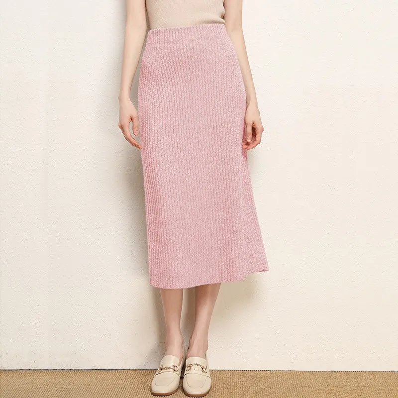 Women's Wool Blend Beige Skirt High Waist Solid Color Ribbed Pencil Skirt Knit Midi Length Pink Skirt Fitted Silhouette with