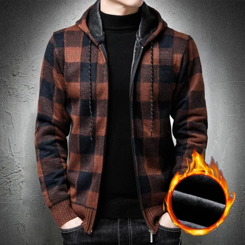 Cardigan Men Korean Cardigan with Hooded Plaid Pattern Vintage Style Sweater Coat Men Hooded Fleece Sweater Jacket Warm Thick