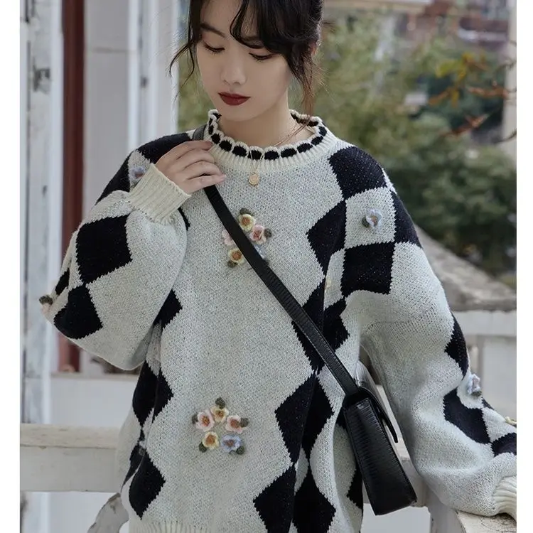 Sweater Black And White Diamond Checkerboard Women'S Autumn And Winter Thick Outer Wear Design Niche Bf Lazy Loose Pullover Top