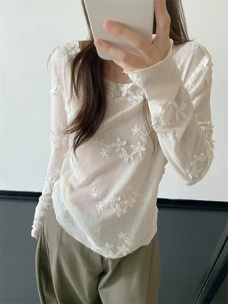 Gentle Wind 3D Flower Long Sleeve Women's Early Autumn Thin Chiffon Top Ultra Fairy-Like Semi-Transparent Sun Protection Cove...