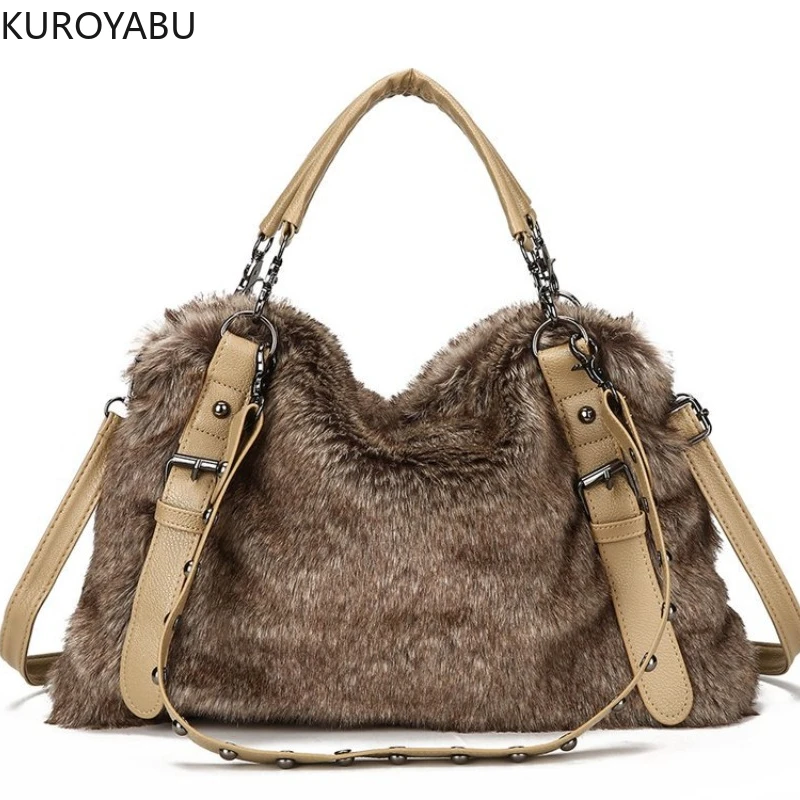 Women Faux Fur Plush Handbags Ruched Handle Lady Furry Shoulder Crossbody Bag Large Capacity Tote Winter Chic Bolsas Femininas