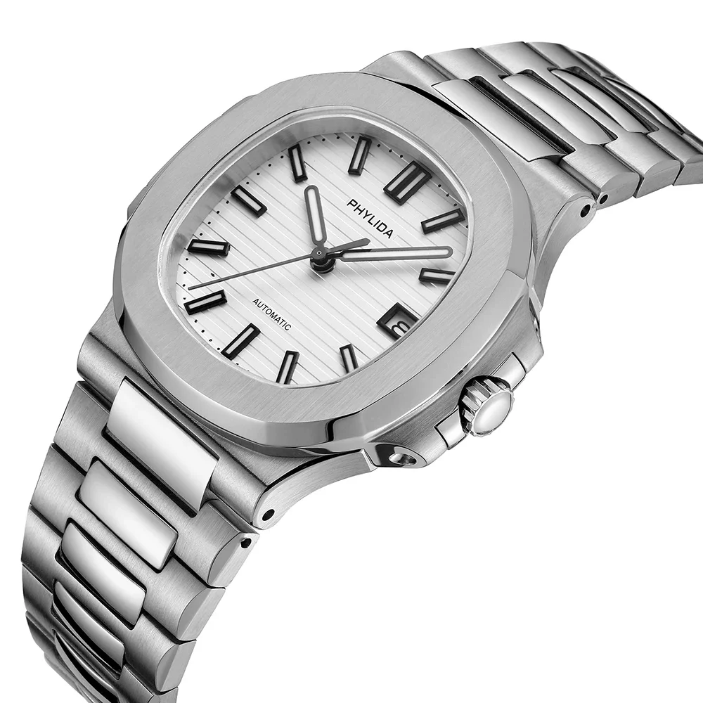 PHYLIDA Męski zegarek automatyczny 40 mm NH35A z białą tarczą i specjalną edycją BGW9 Lume Luksusowy zegarek mechaniczny Nautilu