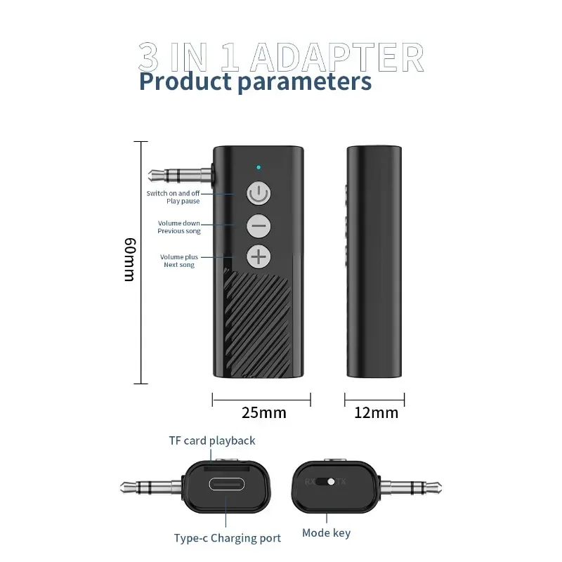 3 IN 1 Wireless Receiver Sender Bluetooth 5.3 Unterstützung TF Karte Übertragung mit 3,5 MM Metall für TV Kopfhörer Auto