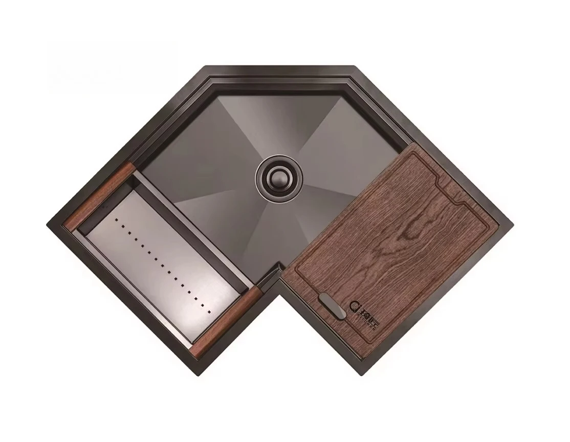 30 Inch Satin Brush Kitchen Under Mount Corner Sink Gold Finish 16 Gauge Stainless Steel Workstation Corner Kitchen Sink