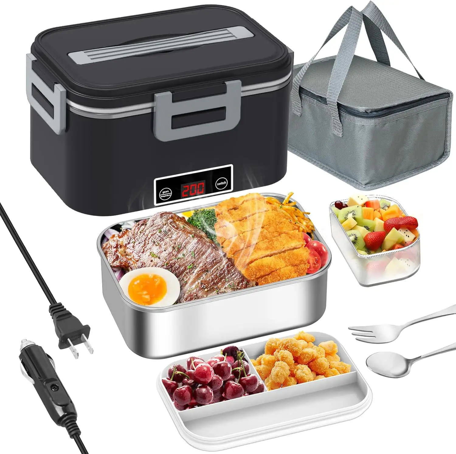 

Electric Lunch Box Heater 80W with Digital Display, 1.8L Stainless Steel & 1L PP, 12V/24V/110V Portable Food Warmer for Car/Work