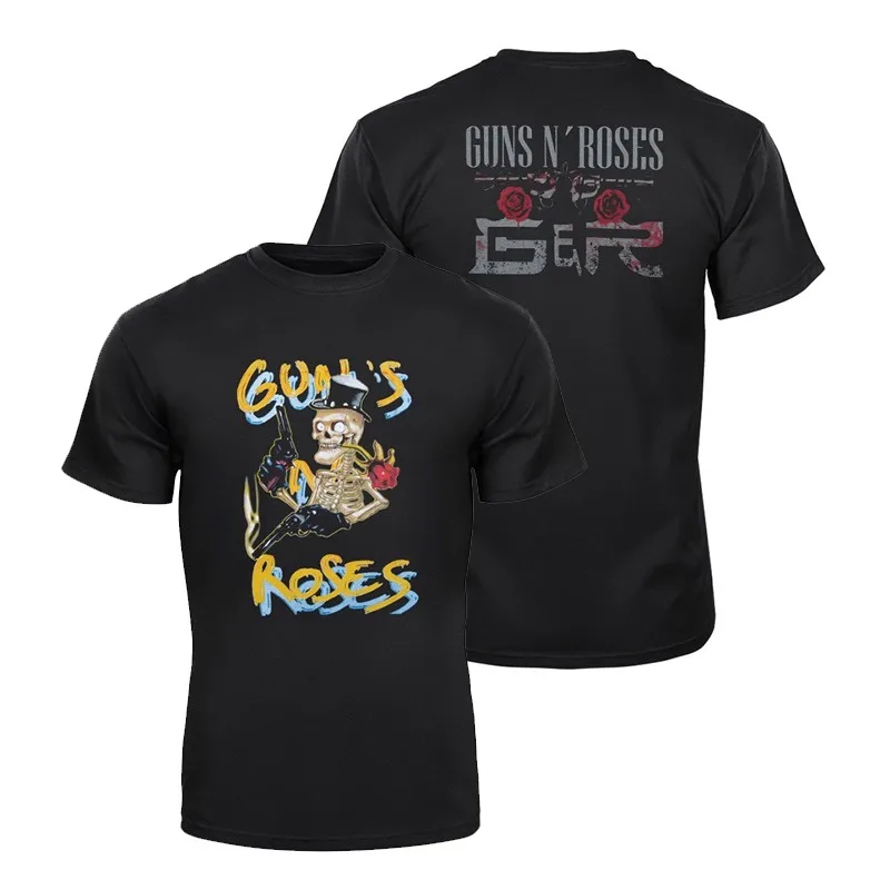 Fit Summer Guns N' Roses Band Skull-handgun Rose-flower Rock Dark Style Pure Cotton Short-sleeved T-shirt for Men and Women