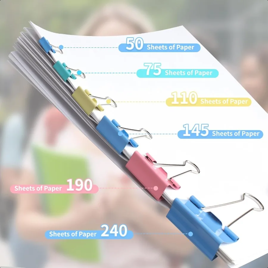 125개 바인더 클립 컬러 바인더 클립 다양한 크기 6가지 크기 바인더 종이 클립 사무실 가정 학교용 파란색 분홍색 노란색