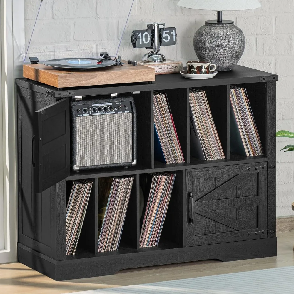 

Large Record Player Stand with Vinyl Storage Up to 450 Albums, 39 Inch Farmhouse Wood Black Vinyl Records Storage Cabinet with B