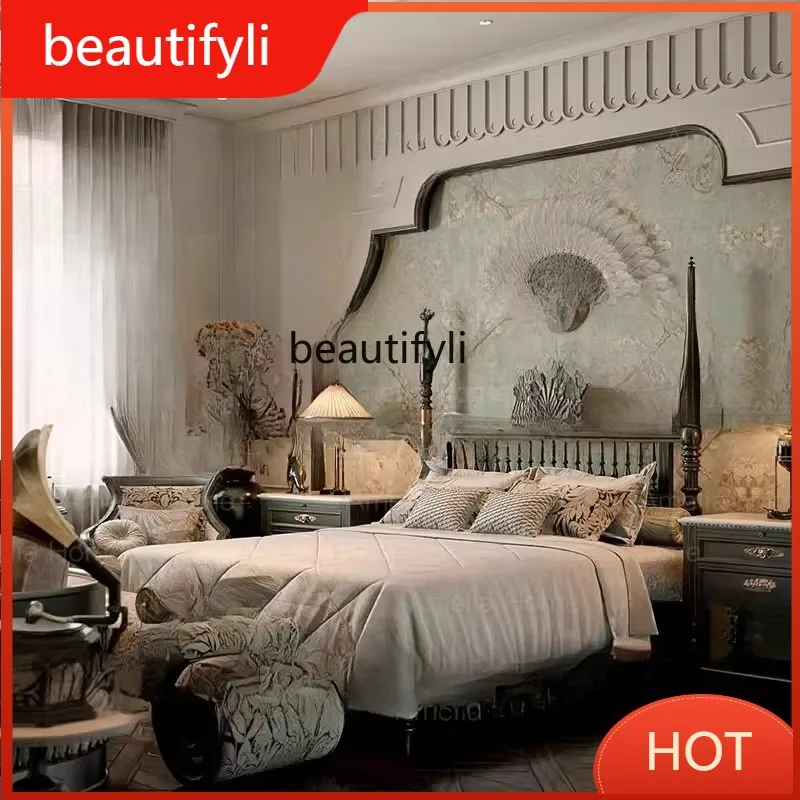 B456 French retro small apartment double American country master bedroom Roman pillar princess bed