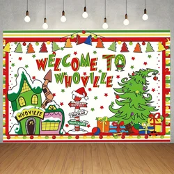 Whoville Christmas Decorations,Welcome to Whovilve Backdrop Green Monster Xmas Background Party Photo Booth Props for Winter