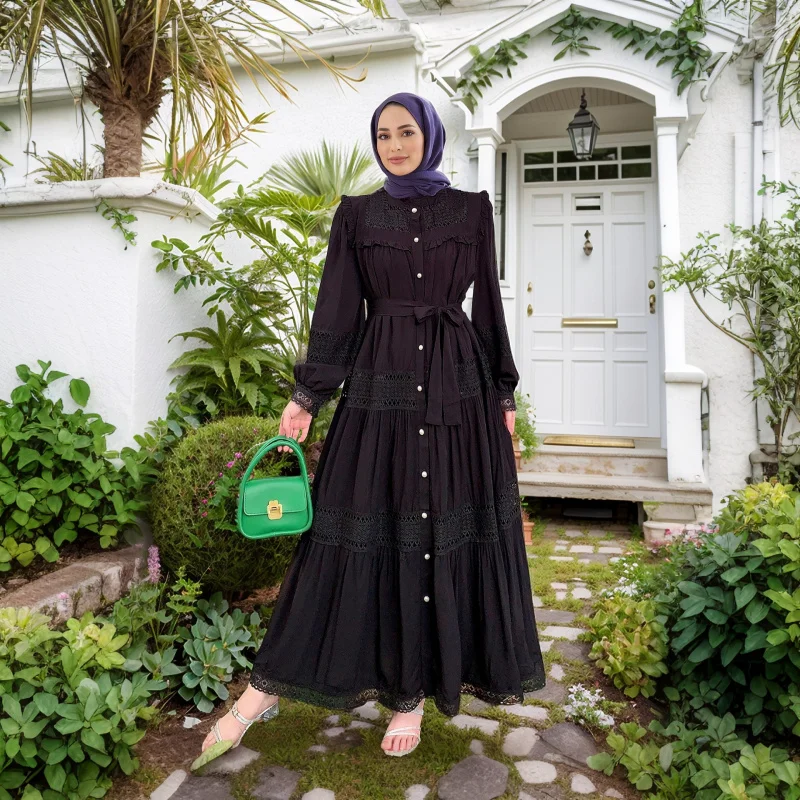 2025 Middle Eastern Muslim Women's Lace Hollow Out Patchwork Ruffle Stand Collar Long Dress