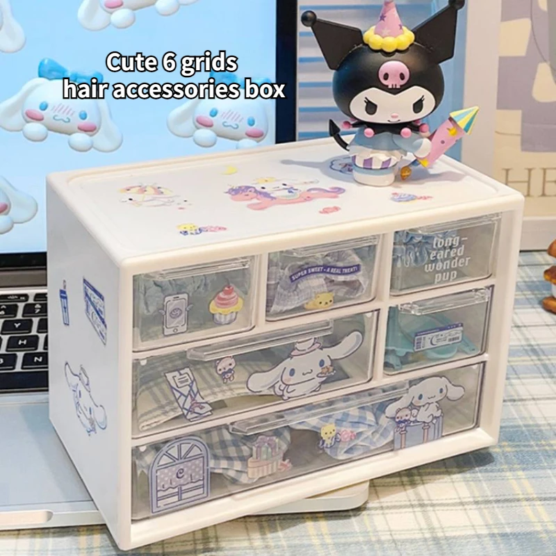 

Kawaii Sanrio Girls Cinnamoroll Desktop Storage Box Kuromi Melody 6 Grids Drawer-type Stationery Desk Accessories Organizer Box