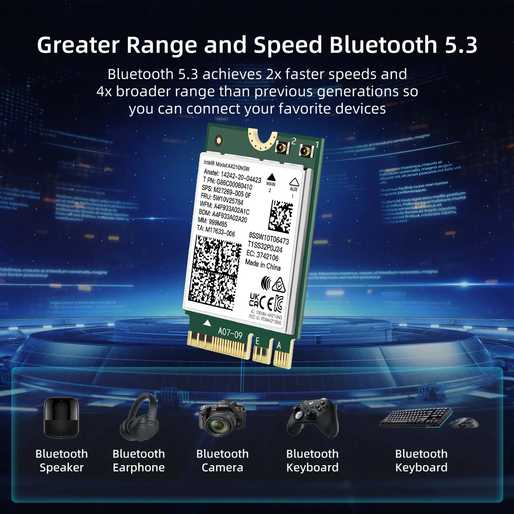 WiFi 6E M.2 Wireless Card AX210NGW Tri-Band 2.4G/5G/6GHz Bluetooth 5.3 Network Adapter 5374Mbps for Windows 11/10 Laptop PC