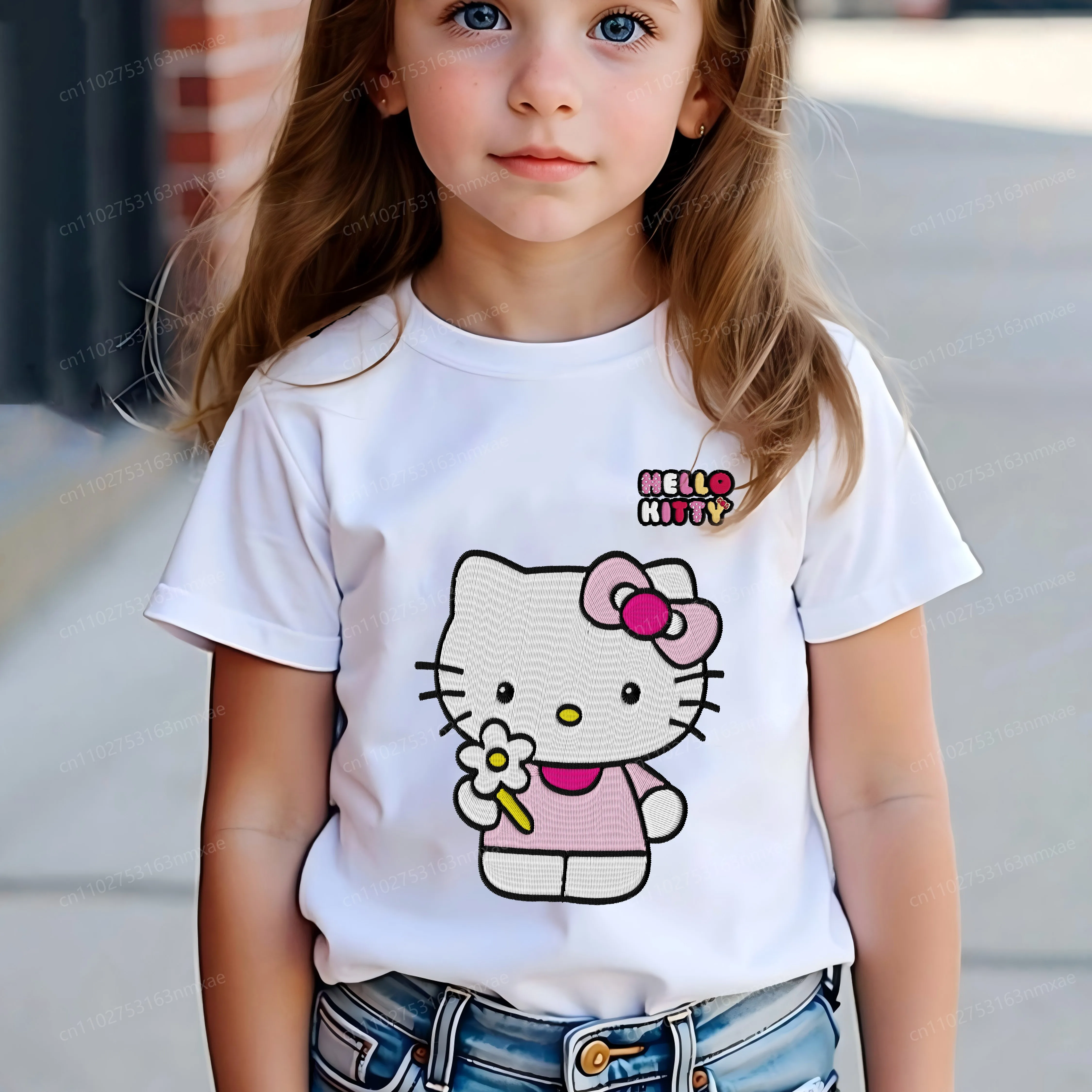

Embroidery Hello Kitty Texture Children Summer Clothes 3D Printing Girls' Top T-shirt 2025 Kids Crew Neck Girl Clothing Mother
